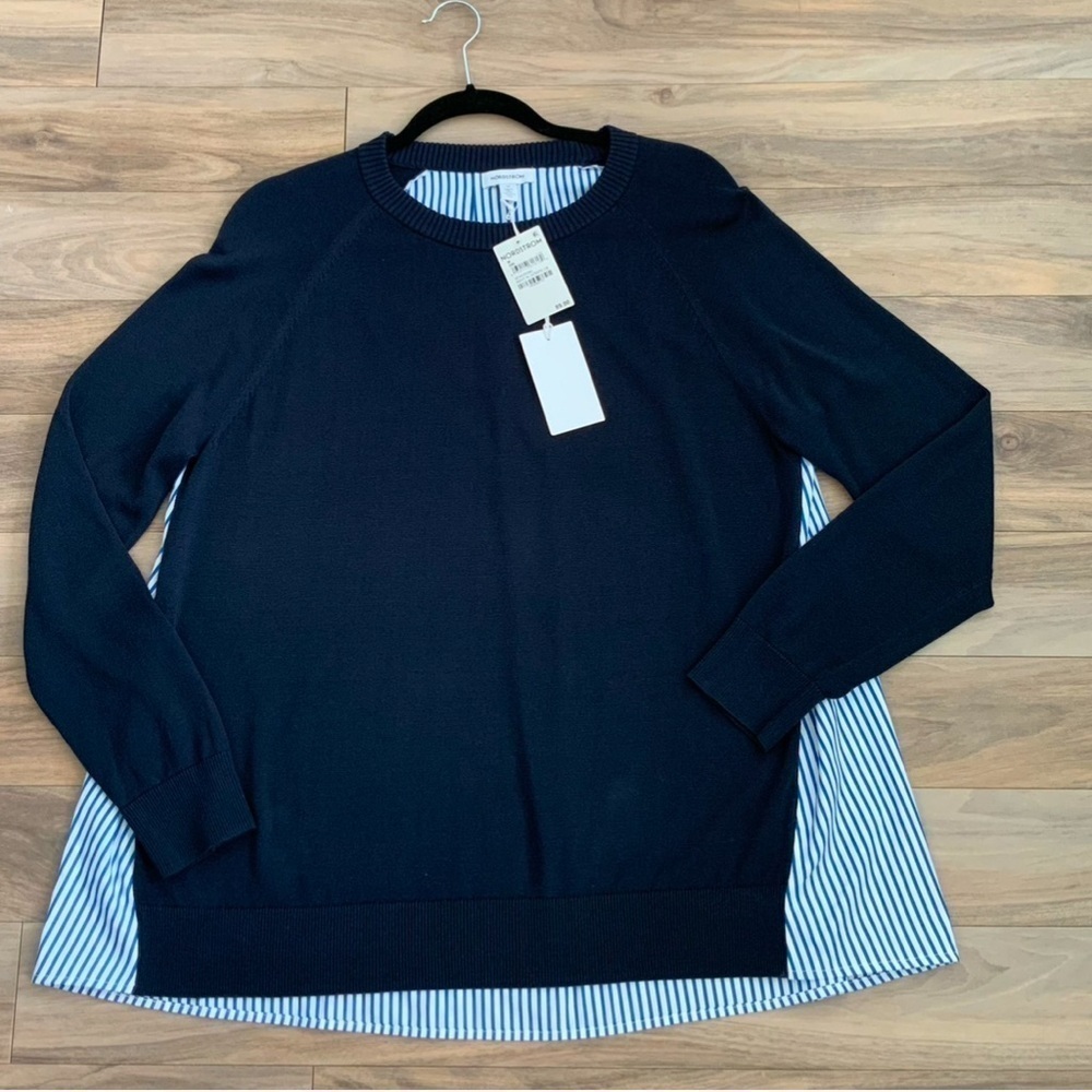 Nordstrom Round Neck Sweater with  Stripe Woven Underlayer
